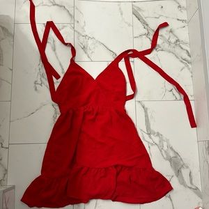 Red open back tie shoulder mini dress